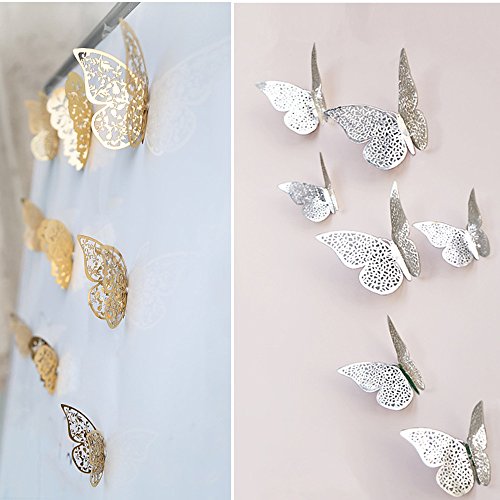 Image of Pindia 12 Pcs 3D Metal Butterfly Wall Stickers for Home Party Wedding Decor (Silver)