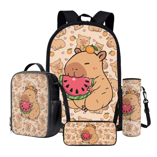 QOPECUOY Cute Capybara Backpack and Lunch Box Sets for School Boys Girls Age 6-8 Animal Capybara Print Schoolbag with Pencil Pouch Water Bottle Holder for Little School Kids 4 Pcs Bookbag Sets