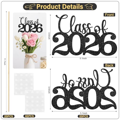 Image of Class of 2026 Decorations, 20Pcs Graduation Centerpieces for Tables, 2026 Graduation Table Decorations Grad Sticks Picks for Flower Bouquet Vases