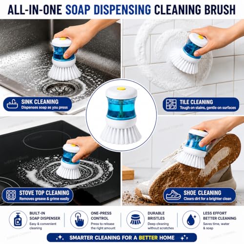 Image of Washbasin Cleaning Brush with Liquid Soap Dispenser - Self-Dispensing, Hidden Plunger Action, Versatile Kitchen and Bathroom Cleaner (Pack of 2) Multicolour