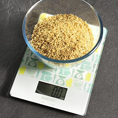 Salter 1102 GNBLDR Electronic Kitchen Scale, Digital Weighing Scales, Multifunctional For Liquids/Fluids, Baking Gadget Print, 5kg Capacity, 15 Year Guarantee, Battery Included, Green, 23x17x1.5cm - Image 8