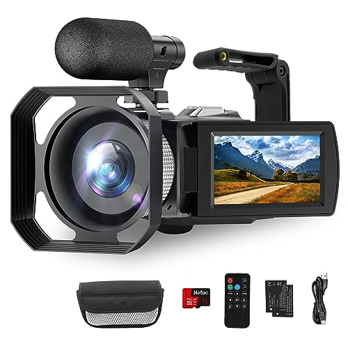 4K Video Camera Camcorder UHD 48MP Vlogging Camera for YouTube 3.0 Inch IPS Screen 18X Digital Zoom Camera Recorder with Microphone, Handheld Stabilizer, Lens Hood, Remote, 2 Batteries, Remote