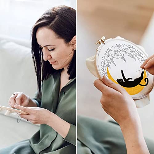 Image of ORIGACH 4 Pack Cat Moon Embroidery Kits for Beginners, DIY Starter Hand Embroidery Kit with Moon Floral Patterns and Instructions