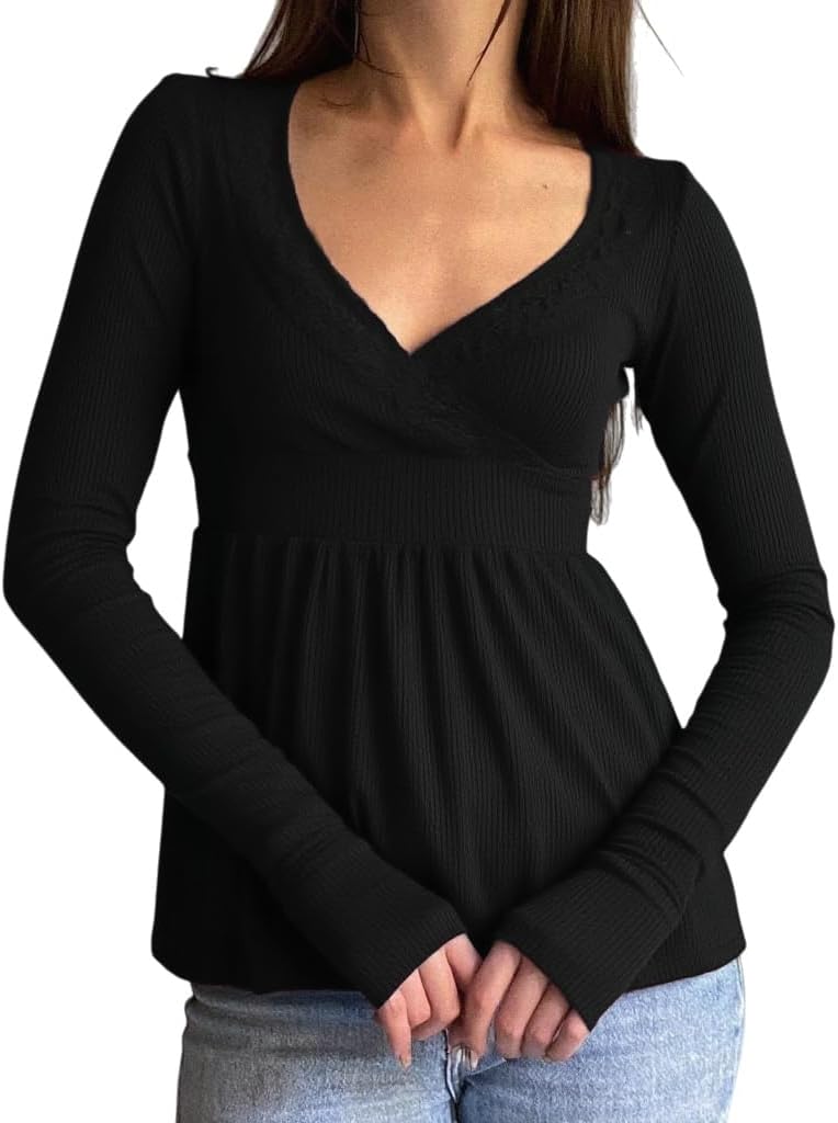 Women Long Sleeve Babydoll Tops Cute Y2k Fairy Grunge V Neck Peplum Blouse Vintage Girls Teens Tee Shirts