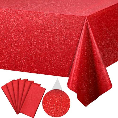 Image of FunnyPars 6 Pack Iridescent Red Plastic Tablecloth,Glitter Disposable Laser Rectangle Table Covers,Red Holographic Foil Table Cloth Christmas Birthday Wedding Anniversary Party Decorations,54x108Inch