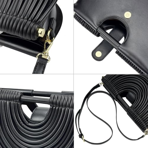 Image of Elegant Half Round Chinc Woven PU Leather Lou Top Handle Bag for Women Formal Evening Clutch Purses