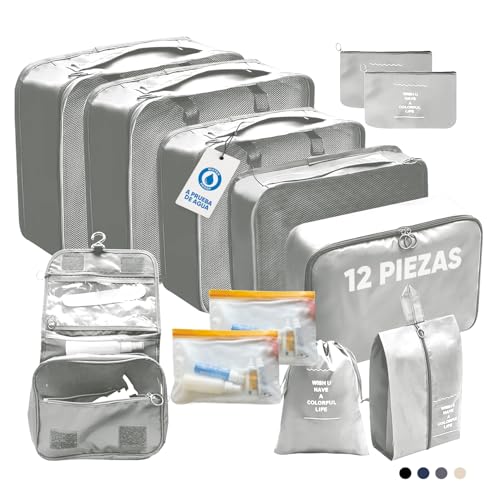 Organizador Maleta Viaje de 12 Piezas - Organizadores de Maletas Impermeables - Packing Cubes - Separadores de Ropa Compactos para Equipaje - Bolsas Organizadoras para Mochila de Cabina (Gris)