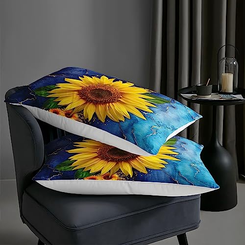 Image of AILONEN Sunflower Comforter Set Queen Size, Blue Watercolor Gold Print Yellow Sunflower Bedding Set for Boys Girls,Botanical Floral Duvet Set Soft Breathable 3 Pieces, 1 Quilt and 2 Pillowcases