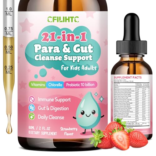 CFILIHTC 21 in 1 Herbal Gut Cleanse Drops – Wormwood, Black Walnut, Chlorella 250mg, 10B Probiotics, Clove & Oregano, Zeolite Drops Detox Support for Adults & Kids, Vegan, Strawberry Flavor 2oz