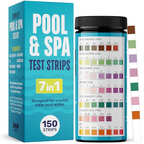 JNW 7-in-1 Pool Test Strips, 150 Quick & Accurate Test Strips for Pool Water, Spa Test Strips for Hot Tub, Chlorine Test Strips, Bromine, pH, Alkalinity, Hardness & More - Swimming Pool Test Kit