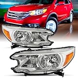 SOCKIR-For 2012 2013 2014 Honda CR-V [Halogen Type] OEM Headlight Headlamp Assembly Replacement Pair Set (Chrome Housing & Amber Reflector)