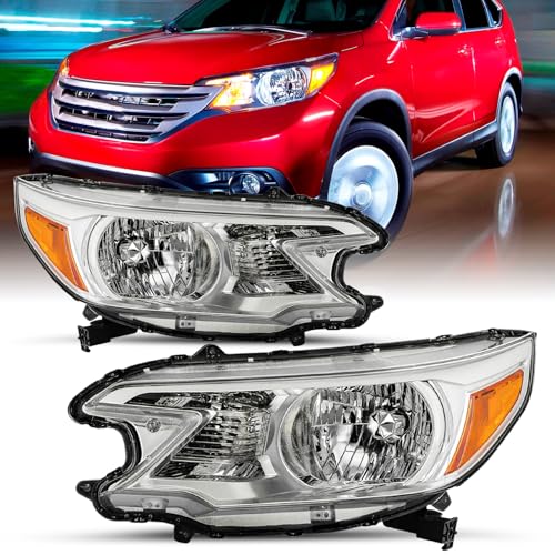 SOCKIR-For 2012 2013 2014 Honda CR-V [Halogen Type] OEM Headlight Headlamp Assembly Replacement Pair Set (Chrome Housing & Amber Reflector)