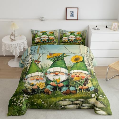 Manfei Cute Gnome Bedding Set King Size,Daisy Sunflower Floral Comforter Set for Kids Boys Teens Adult Room,Watercolor Spring Garden Plants Down Comforter Soft Quilt with 2 Pillow Cases