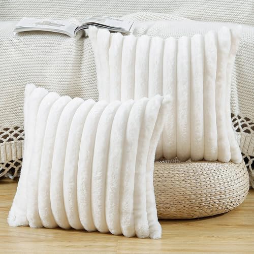 Madizz Set of 2 Faux Fur Plush Decorative Throw Pillow Covers 12x12 Inch Pink Fluffy Striped Soft Decorative Cushion Cover for Sofa Bedroom Pillow Shell