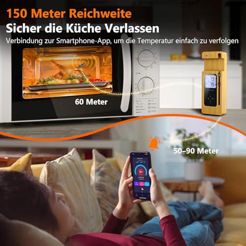 AIRMSEN Fleischthermometer Kabelloses Grillthermometer Bluetooth mit LCD-Display, IPX8-Wasserdichtes Bratenthermometer mit 150m Reichweite, App-Steuerung Keramikgriff für Grill,... – Bild 5