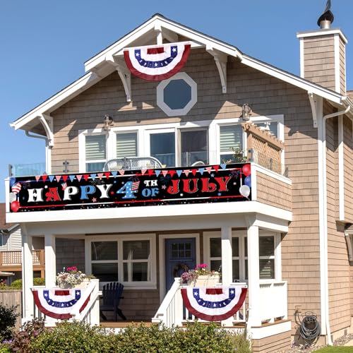 Image of Tiamon 3 Pcs Patriotic Decorations 4th of July Banner with Bunting Fan Flags Red White and Blue Pleated Half Fan Banner American Flag Backdrop for Independence Memorial Day Party Supplies Outdoor