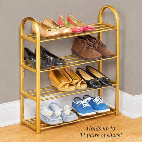 Image of Premium 4-Tier Metal Shoe Rack Organizer | Elegant Space-Saving Shoe Stand for Home & Entryway | Heavy-Duty Steel | Stores 8-12 Pairs (Gold, 4)
