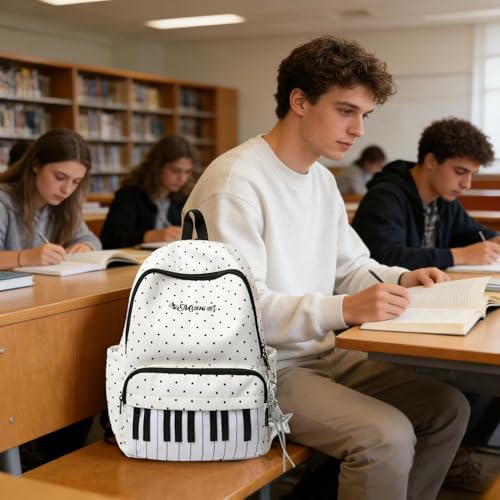 Sac à dos décontracté blanc imprimé piano grande capacité unisexe - 2
