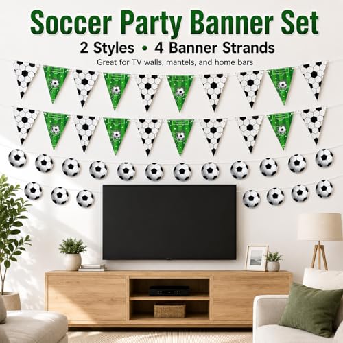 Oeyliz Soccer Banner 4 Pcs Soccer Party Decorations Banner 2026 Soccer Themed Party Decorations Soccers Garland Triangle Flags Garland for Soccers Fans Outdoor Indoor Home Party Decorations Supplies — view 2