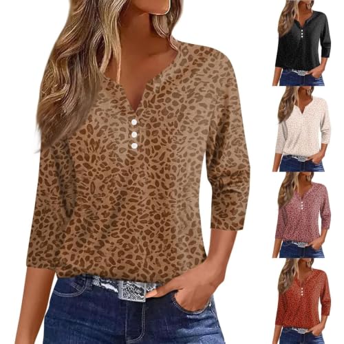 Leopard Print Shirts for Women V Neck 3/4 Sleeve Button Down Casual Blouses - image 1