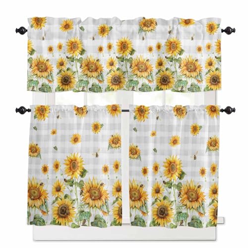Yellow Sunflower Kitchen Curtains 36 Inch Length,3 Piece Rod Pocket Small Half Tiers and Valance Set,Grey Plaid Country Bee Farmhouse Floral Small Large Window Treatment Decor for Bedroom/Bathroom