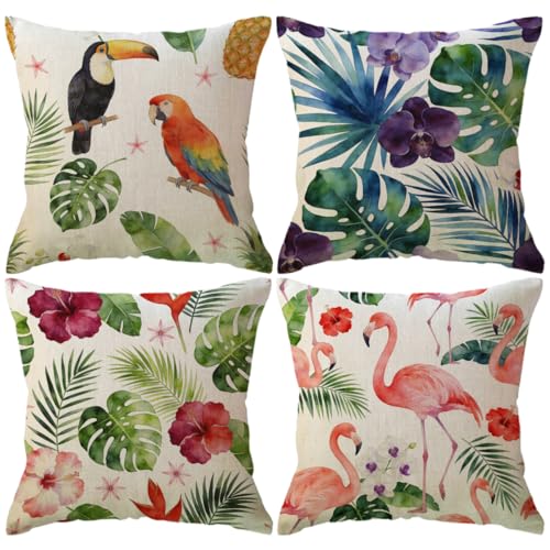 ULOVE LOVE YOURSELF Home Decorative Throw Pillow Covers Flamingo Pattern&Tropical Flower Leaves Farmhouse Summer Cushion Covers 18 X 18 Inch,4 Pack