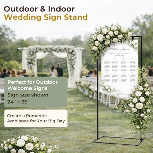 WEDORA Wedding Welcome Sign Stand, 67" (170 cm) Tall Height - Black Metal Sign Holder with 6 Leather Straps, Easel Stand for Seating Charts & Event Décor by WEDORA - Used condition - Image 3
