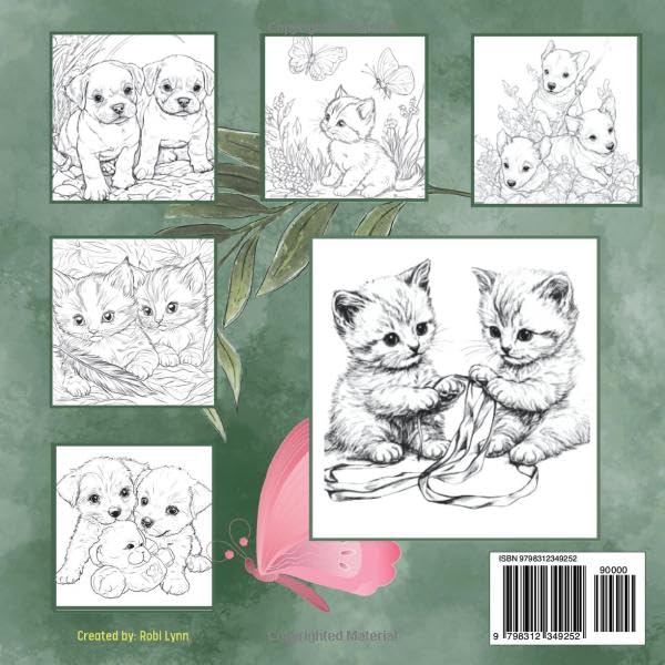 Playful Puppies and kittens coloring book: 50 cute and charming images of puppies and kittens playing outside with balls, sticks, feathers and frogs. - Image 2