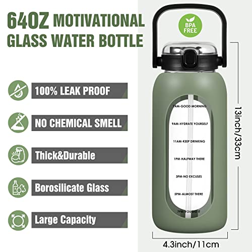 Yomious 64 Oz Glass Water Bottle With Straw - Half Gallon Water Bottle With Handle And Silicone Sleeve - Large Motivational Glass Water Bottle With Measurements And Time Marker - Reusable Water Jug #TOP1