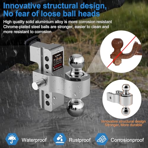Vullteeon Adjustable Trailer Hitch-Drop Hitch for 2 inch Receiver, 6 Inch Drop/Rise, 2" & 2-5/16" Ball Hitches 12,500 LBS GTW, Aluminum Truck Hitches with Two Anti-Theft Pins Locks — view 5