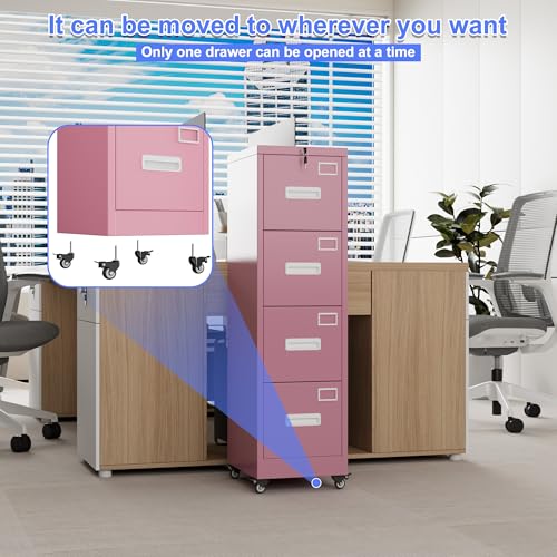 Image of Aobabo 4 Drawer File Cabinet with Lock, Metal Vertical Filing Cabinet with Wheels, Anti-Tilt Interlock System, Locking Office Storage for Letter /Legal Files,Pink,Required Assembly