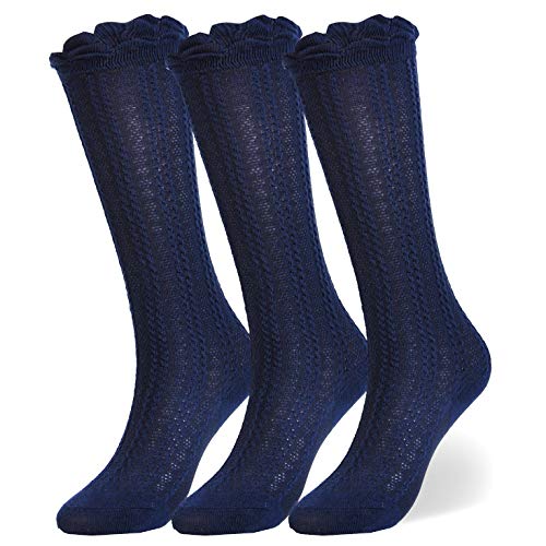 EPEIUS 3 Pairs Baby Boys Cotton Uniform Knee High Socks Toddlers Boys Solid Color Tube Ruffled Stockings for 12-24 Months,Navy