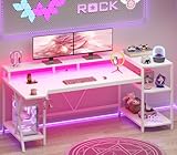 SEDETA White Gaming Desk 70.8'' with LED Lights and Storage Shelves, Computer Desk with Monitor Stand, Power Outlets and Cup Holder, Large PC Gamer Desk, Gaming Table for Bedroom, Living Room