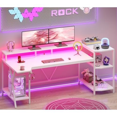 SEDETA White Gaming Desk 70.8'' with LED Lights and Storage Shelves, Computer Desk with Monitor Stand, Power Outlets and Cup Holder, Large PC Gamer De
