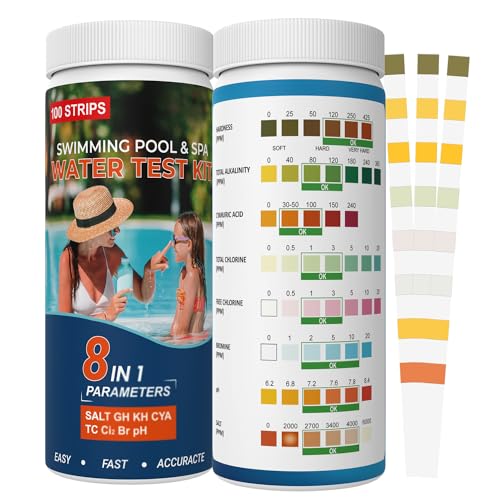 8IN1 Pool Teststreifen for Whirlpool,Spa,100 Stück Wassertest-Set Genauer Chemischer Tester Pool Tester für Salz,Brom, Gesamtalkalität, pH-Wert, freies Chlor, Gesamthärte, Cyanursäure (8IN1) (8IN1)