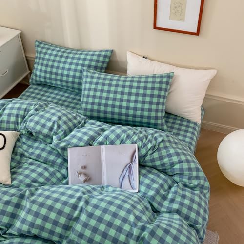 Image of VM VOUGEMARKET Green Gingham Duvet Cover Set Queen Size | Blue Green Plaid Duvet Cover with Zipper Ties, 2 Pillowcases, 100% Washed Cotton, Luxury Soft Breathable Durable