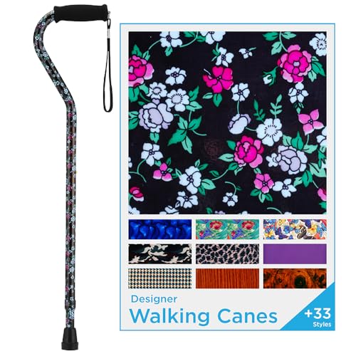 NOVA Designer Walking Cane with Offset Handle, Lightweight Adjustable Cane with Carrying Strap, Cane for Men and Women, Walking Canes for Balance,Black with Pink and Blue Flowers Design