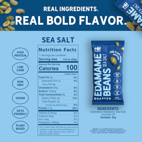 Image of Rel Snacks Sea Salt Roasted Edamame Beans, High Protein Low Carb Snack, 11g Plant Protein, 2g Net Carbs, Keto, Vegan, Non-GMO, Made with Avocado Oil, 10 Single Serve 0.9 oz Packs