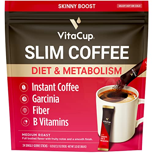 VitaCup Slim Instant Coffee Packets, Boost Diet & Metabolism with Ginseng, Garcinia, B Vitamins, Skinny Coffee, Bold & Smooth, Medium Dark Roast, 100% Arabica Coffee in Single Serve Sticks, 24 Ct