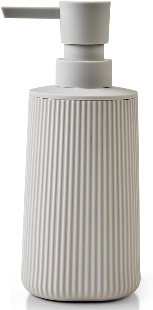 Small Soap Dispenser for Bathroom and Kitchen, Modern Farmhouse Striped Style Plastic Hand Soap Dish Soap Dispenser with Pump Matte Beige