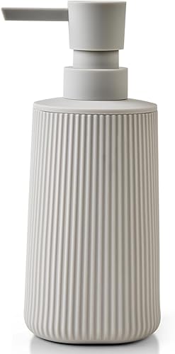 Dispensador de jabón pequeño para baño y cocina, dispensador de jabón de manos de plástico moderno estilo granja a rayas con bomba beige mate