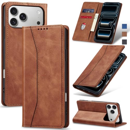 Image of Jasonyu Flip Wallet Case for iPhone 17 Pro,Leather Magnetic Folio Cover with Card Holder,Kickstand - TPU Shockproof Durable Protective Phone Case,Brown