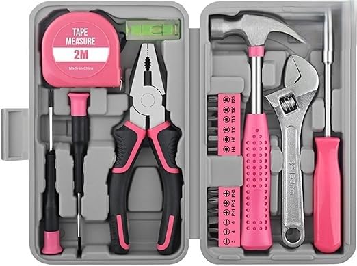 Multipurpose Home Tool Kit Set with Hammer, Screwdrivers, Pliers, Tape Measure & Hex Keys – Portable Household Repair Tool Box for Home, Office & DIY Use (Pink)