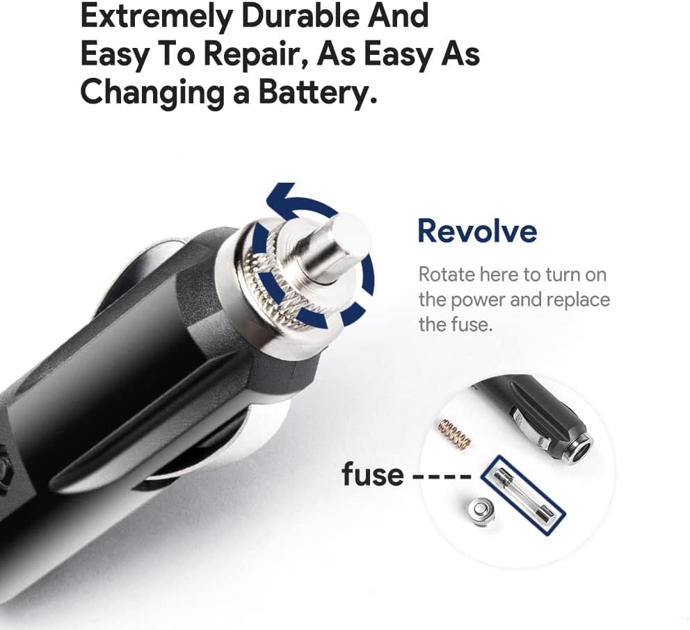 Diagram showing how to unscrew the tip of the car charger plug to access and replace the fuse.