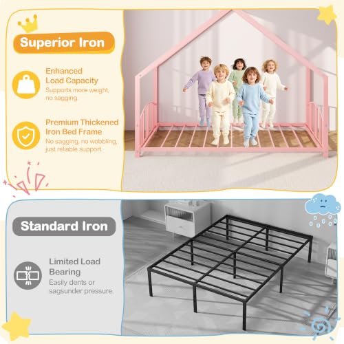 Image of Garvee Twin Size Metal House Bed Frame for Kids, Pink