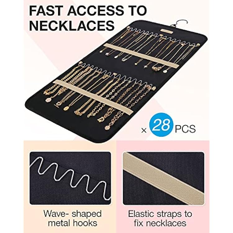 BAGSMART Hanging Jewelry Organizer Storage Roll with Hanger Metal Hooks Double-Sided Jewelry Holder for Earrings, Necklaces, Rings on Closet, Wall, Door, 1 piece, Medium, Black