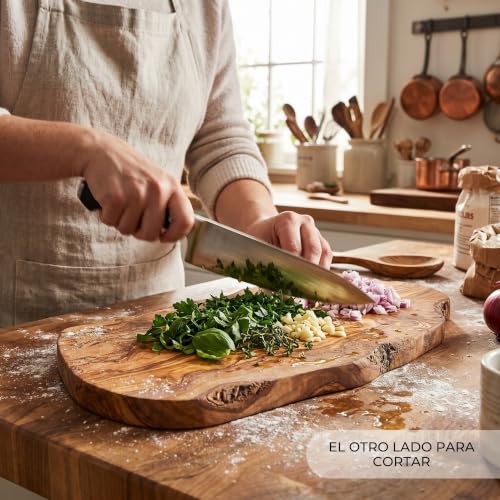 Miniatura 4 de Erreke Tabla De Cortar De Madera Olivo Natural Para Cocina, 39x18 Cm, Estilo Mediterraneo Artesanal Rústico, Ideal Para Servir, Picar, Carne, Barbacoa, Quesos, Pan, Aperitivos, Tapas