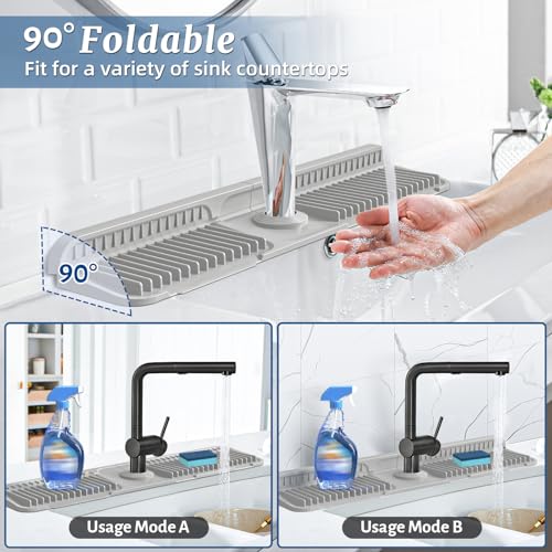 Image of PoYang 24 inch Faucet Mat for Kitchen Sink Splash Guard, 7 Slope Silicone Sink Water Splash Guard for Kitchen Sink Area with Snap, Longer Sink Protectors for kitchen Sink Sponge Holder, Light Grey