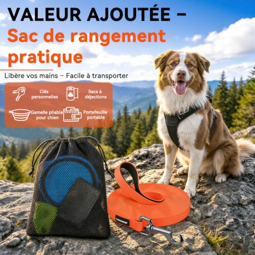 Looxmeer Longe pour Chien, 3 m/5m/7m/10m/15m/20m/25m/30m, Laisse Chien avec Poignée et Sac de Rangement, Laisses Étanches pour Chiens de Dressage de Toutes Tailles, Laisse Longue Robuste (Orange) – vue 5