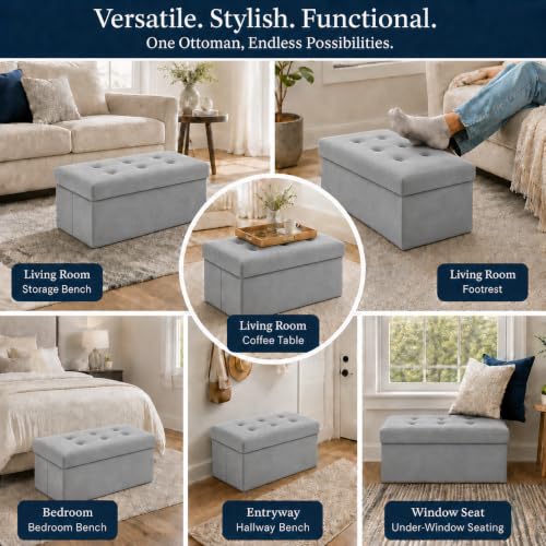 Image of ALASDO 30 Inch Folding Storage Ottoman Bench with Hidden Storage, Velvet Storage Ottoman Foot Rest Stool, End of Bed Bench for Bedroom, Living Room, Entryway and Closet, Dark Gray